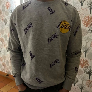Grå Los Angeles Lakers sweatshirt vintage - Säljer en grå sweatshirt med Los Angeles Lakers-tryck och nummer 6 James. Tröjan har långa ärmar och rund halsringning. Perfekt för basketfans som vill visa sitt stöd för laget.