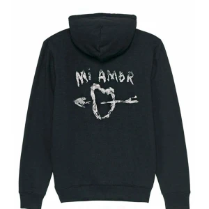 Mörkblå hoodie med tryck - Säljer en mörkblå hoodie med ett coolt tryck på ryggen som säger 'Mi Amor' och har ett hjärta med pilar. Perfekt för en avslappnad stil. Hoodien har långa ärmar och en bekväm huva.