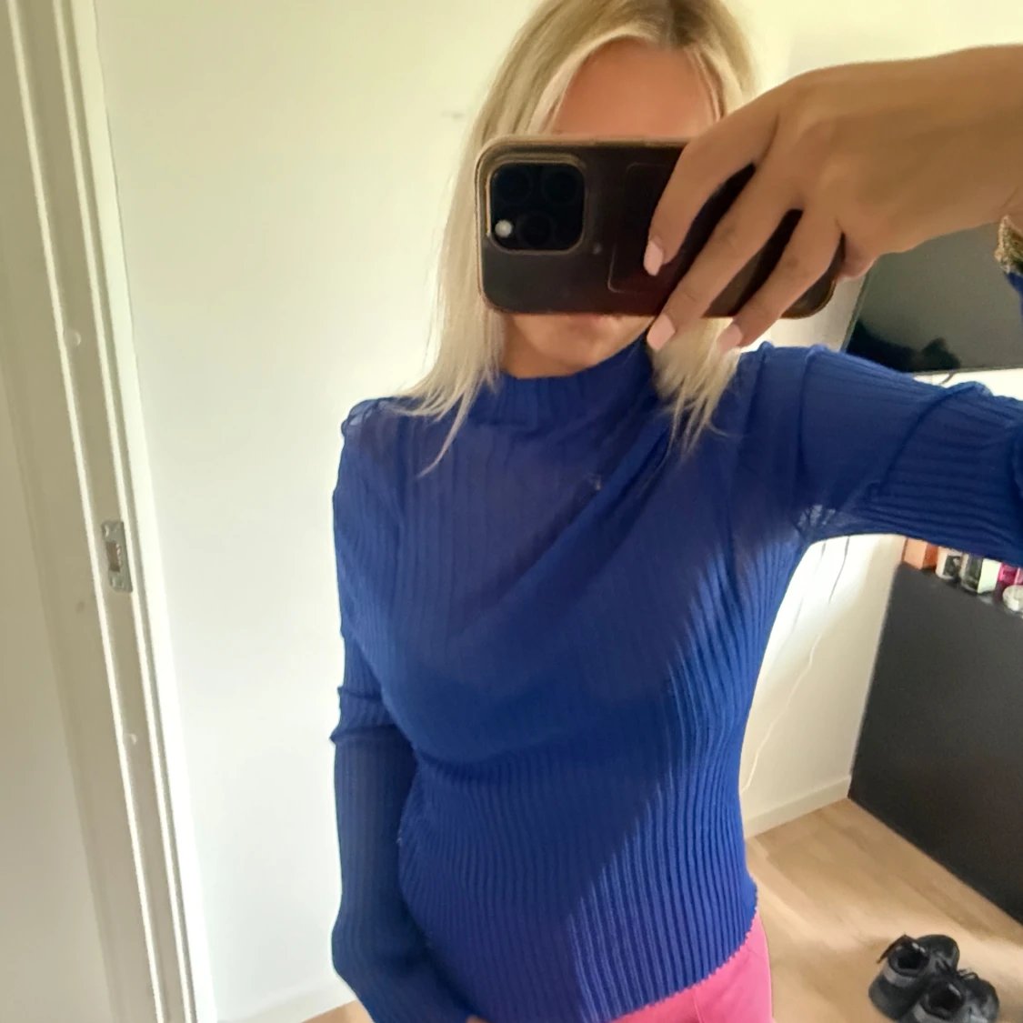 Blå ribbad meshtröja med lång ärm - 1