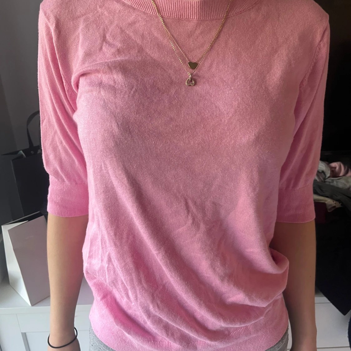 Rosa stickad tröja med trekvartsärm - 1