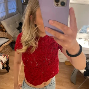 Trendig Röd spetsblus från Zara Trafaluc - Säljer en röd, croppad spetsblus från Zara Trafaluc. Blusen har korta ärmar och är genombruten med vackert blommönster. Perfekt för dig som vill sticka ut med en färgstark och detaljrik topp.