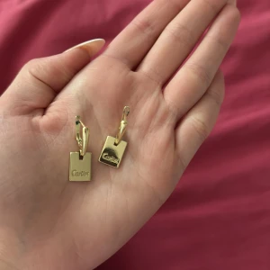 Guldiga örhängen från  - Säljer ett par snygga guldiga örhängen med rektangulära hängen och logotyp ingraverad. Perfekta för att lyfta din stil med en lyxig touch.