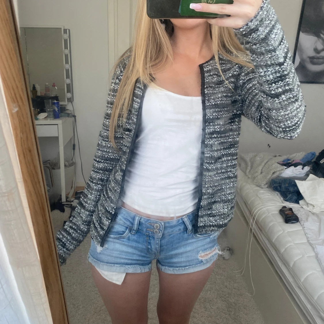 Gråmelerad stickad cardigan - 1