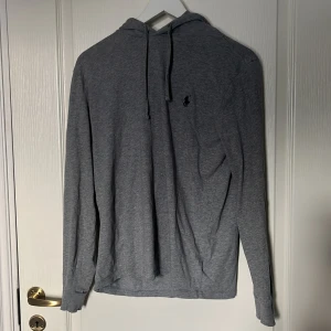 Grå hoodie från Ralph Lauren - Säljer en stilren grå hoodie från Ralph Lauren med en liten broderad logga på bröstet. Tröjan har långa ärmar och en klassisk huva med dragsko. Perfekt för en avslappnad look.