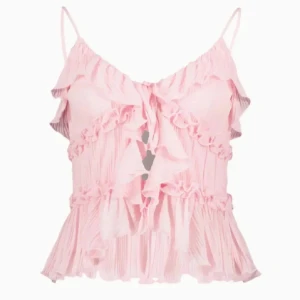 Ljusrosa volangtopp med tunna axelband - Supersöt ljusrosa topp med volanger och tunna axelband. Toppen har en romantisk känsla med flera lager volanger och lätt plisserad nederdel. Perfekt för att skapa en feminin look.