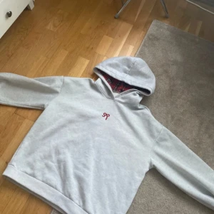 Ljusgrå hoodie med röd logga - Säljer en ljusgrå hoodie från Rodebjer med liten röd logga broderad på bröstet. Insidan av huvan har röd- och svartmönstrat tyg. Perfekt för en avslappnad stil.