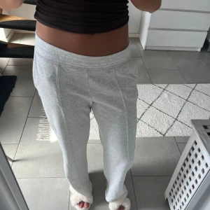 Grå mjukisbyxor med söm-detaljer - Säljer ett par ljusgrå mjukisbyxor med markerade sömmar framtill. Byxorna har en bred midja och är loose fit för skön och avslappnad stil. Jag är 162 cm lång och byxorna slutar nästan precis till golvet. 