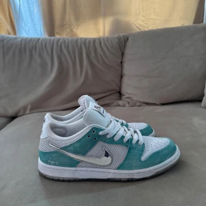Nike SB Dunk Low Pro April Skateboards - Nike SB Dunk Low Pro April Skateboards med vit mesh och turkosa mockadetaljer. Swoosh i metallic silver, broderad 'April' på hälen och rosdetalj under genomskinlig sula. Låga sneakers med snörning, perfekt för dig som gillar unika och snygga kicks. Knappt använt dom lika bra som nya 