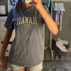 Blå t-shirt från Brandy Melville - Säljer en blå t-shirt från Brandy Melville med trycket 'HAWAII U.S.A.' framtill. Den är onesize men eftersom den är ganska ”lose fit” så passar den allt mellan XXS-L, beror på hur man vill att den ska sitta😽