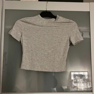 Ljusgrå croppad t-shirt - Säljer en ljusgrå croppad t-shirt med korta ärmar och rund hals. Enkel och stilren modell som passar perfekt till jeans eller kjol. Mjuk och stretchig i materialet för en bekväm känsla.