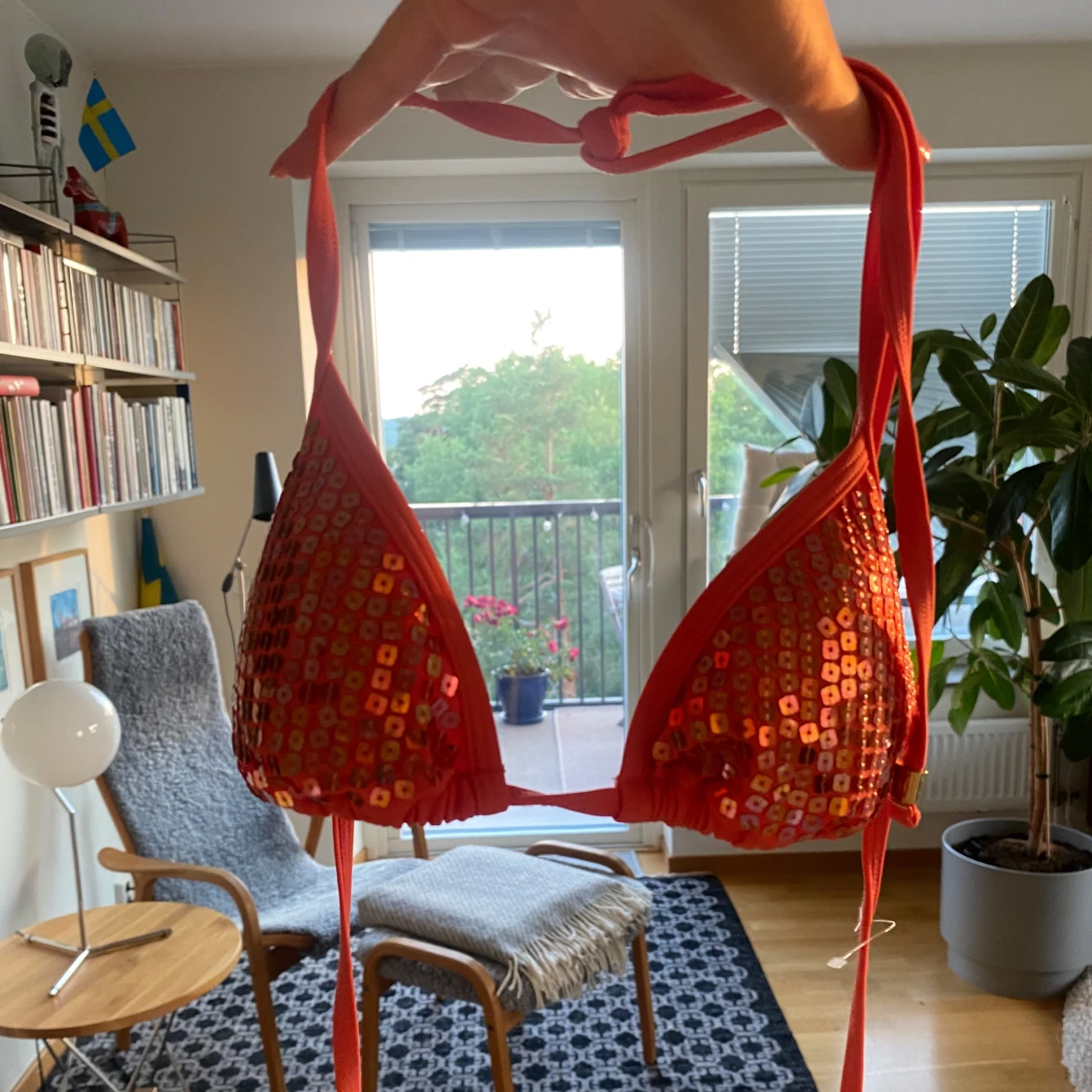 Rosa/Orange bikiniöverdel med paljetter