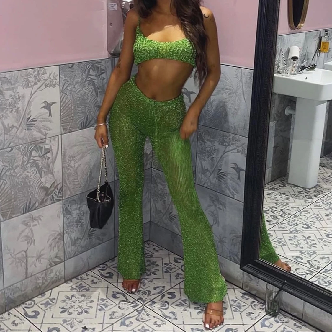 Sorelle UK - Set Metallic Gröna glittriga byxor med matchande topp - 2