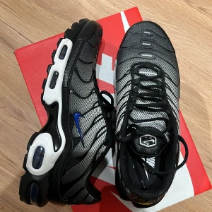 Nike Air Max Plus i svart och grå - Snygga Nike Air Max Plus sneakers i svart och grått med blå detaljer. Skorna har en unik design med synliga Air-enheter i sulan och ett mönstrat överdrag. Perfekta för dig som vill ha både stil och komfort. Ordinarie pris 2399 kvitto medföljer.