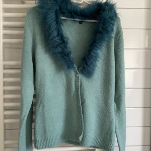 Mintgrön kofta med blå pälsdetalj - Säljer en mintgrön kofta med fluffig blå päls runt kragen. Koftan har långa ärmar, ribbade muddar och knappar framtill. 