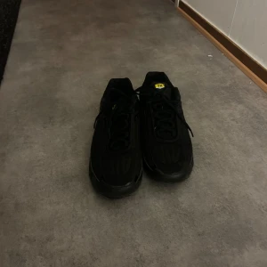 Svarta Nike Air Max Plus sneakers - Säljer ett par svarta Nike Air Max Plus sneakers med klassisk TN-logga på plösen. Skorna har en chunky sula med synlig air-enhet och detaljer i syntet och mesh. Perfekta för dig som gillar streetstyle och vill ha en bekväm och snygg sneaker.