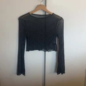 Svart glittrig croppad mesh-top - Säljer en svart långärmad croppad mesh-top med glittrigt tyg. Toppen har en lätt transparent känsla och vågig kant nertill samt vid ärmslut. Endast använd två gånger :) 💕