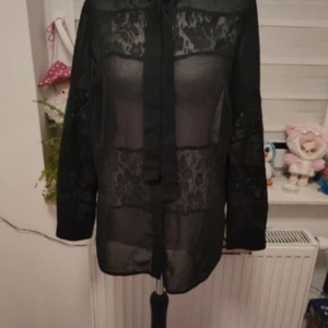 Genomskinlig blus med spets och band - Säljer en svart transparent blus med spetsdetaljer och knytband vid halsen. Skitsnygg om man stylar rätt! 