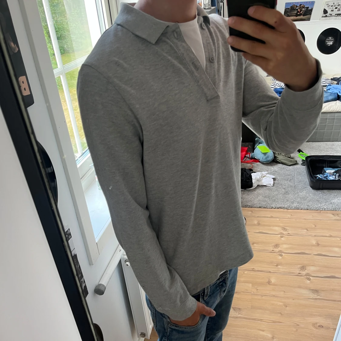 Grå långärmad pikétröja - 1