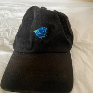 Svart keps med blå rosbrodyr - Svart keps i bomull med böjd skärm och en broderad blå ros framtill. Kepsen har klassisk passform och små ventilationshål på ovansidan. Perfekt accessoar för en chill och stilren look.