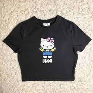 Svart Hello Kitty t-shirt - Säljer en svart croppad t-shirt med Hello Kitty-tryck på framsidan. T-shirten har korta ärmar och en rund halsringning. Perfekt för alla Hello Kitty-fans! 🖤