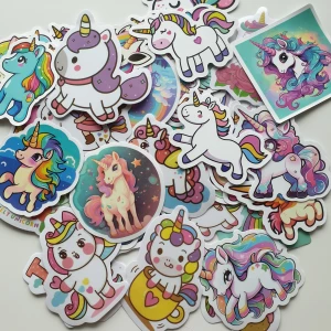 50st Unicorn klistermärken/Stickers - En färgsprakande samling med klistermärken av enhörningar i olika stilar och uttryck. Perfekt för att dekorera anteckningsböcker, laptops eller mobilskal. Passar dig som älskar magi, regnbågar och söta figurer!