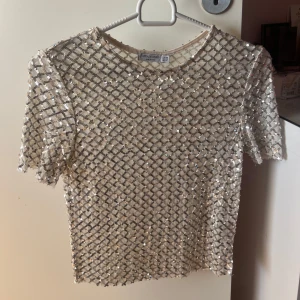 Glittrig topp från Stradivarius - Säljer en glittrig topp från Stradivarius i storlek XS, då den är för liten för mig. Toppen är kortärmad och täckt med paljetter i ett rutmönster som ger en festlig look. Perfekt för att lysa upp vilken outfit som helst! Pris kan diskuteras💕