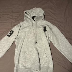 Ralph lauren hoodie - Säljer en stilren och eftertraktad grå vintage  hoodie från Ralph Lauren med en stor logga på bröstet och siffran 3 på ärmen. Perfekt för en avslappnad och fräsch stil. Det är alltså en gammal modell som inte säljs längre. Skick 10/10, använd 2,3 gånger!