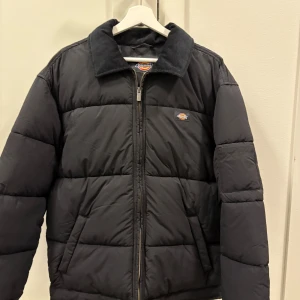Svart dunjacka från Dickies - Säljer en svart dunjacka från Dickies med dragkedja och en klassisk krage. Jackan har en quiltad design och är perfekt för kyligare väder. Den har långa ärmar och en stilren look.