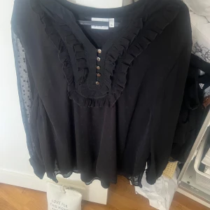 Svart blusklänning med volang och knappar från Mango - Svart blus från Mango med volangdetaljer längs v-ringningen och dekorativa knappar framtill. Lätt transparent material med diskret prickigt mönster och långa ärmar. Perfekt för dig som gillar romantiska detaljer.