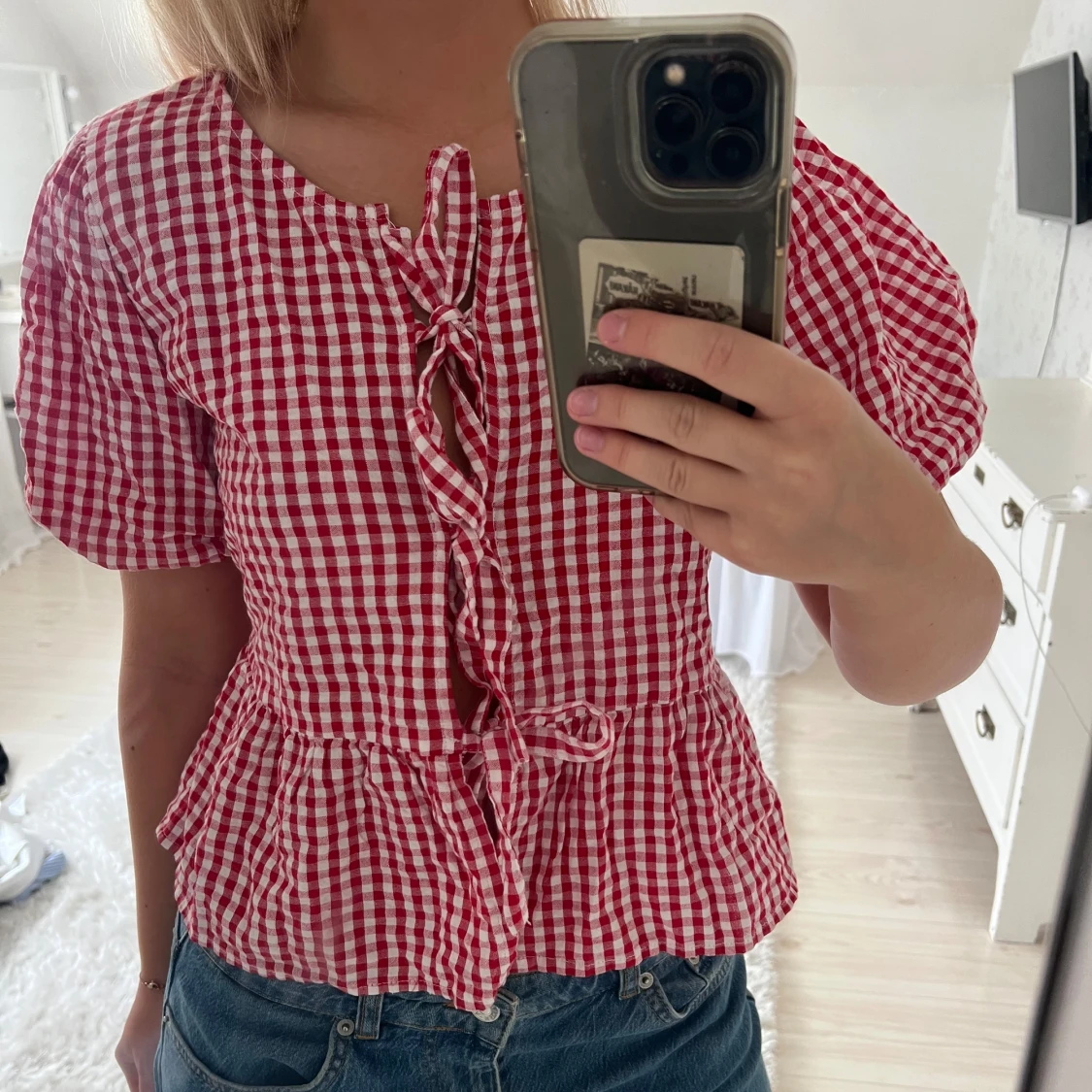 Gingham rutig röd blus med puffärm - 1