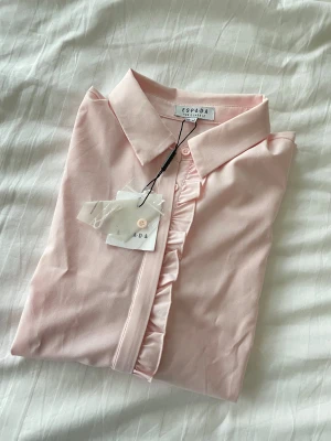 Ljusrosa skjorta med volang, petite  - Jätte fin pastellrosa skjorta, petite! Passar dig som vanligtvis bär XXS eller liknande, är själv 159 cm lång och den passar perfekt i axlar och armar. Köptes för flera år sedan i en liten boutique i Thailand, därav storleken och passformen! Helt ny, oanvänd med lapp och knappar kvar 🙏💖 fina volangdetaljer.