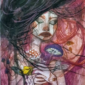 fantasykonst, kvinna med svamp - Målning med en unik och färgstark konst som visar en drömlik kvinna med slutna ögon, omgiven av svampar och slingrande växter. Perfekt för dig som gillar mystiska och konstnärliga illustrationer med fantasykänsla.