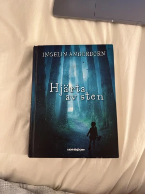 Hjärta av sten - En mystisk bok med ett spännande omslag där en siluett av ett barn syns i en mörk, trolsk skog. Perfekt för dig som gillar gåtfulla berättelser och vill ha något som fångar fantasin. Passar unga läsare som söker äventyr och mystik.
