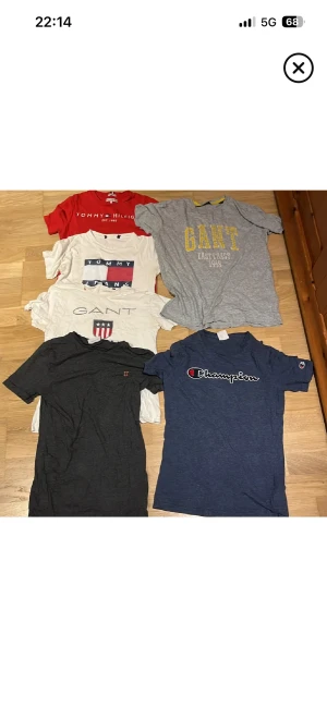 Gant - Säljer ett 5-pack t-shirts i olika färger och tryck från GANT, Champion, Tommy Hilfiger och Tommy Jeans. Alla är kortärmade och har coola loggor och print framtill. Färgerna är röd, vit, grå, marinblå och mörkgrå. Perfekt för dig som gillar klassiska streetmärken och snygga prints. Det är i bra skick och passar folk med storlek S med en snygg slim fit. Har ni några frågor säg bara till