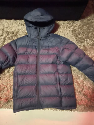Blå Peak Performance dunjacka med huva - Säljer en blå dunjacka från Peak Performance, modell Frost DJ. Jackan har huva, dragkedja framtill och ett puffigt, quiltat utseende. Perfekt för kalla dagar och har en clean, sportig vibe. Passar dig som gillar stilren och funktionell design.