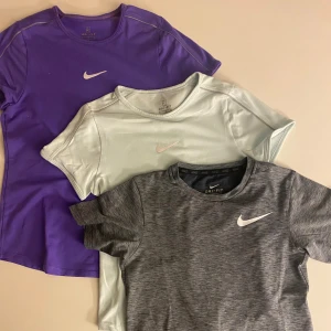 Nike Dri-Fit t-shirts i 3 färger - Tre snygga Nike Dri-Fit t-shirts i lila, ljusgrön och grå. Alla har korta ärmar, rund halsringning och klassisk Nike-logga på bröstet. Perfekta för träning eller sportiga dagar. Materialet är lätt och andas, vilket gör dem bekväma att bära.