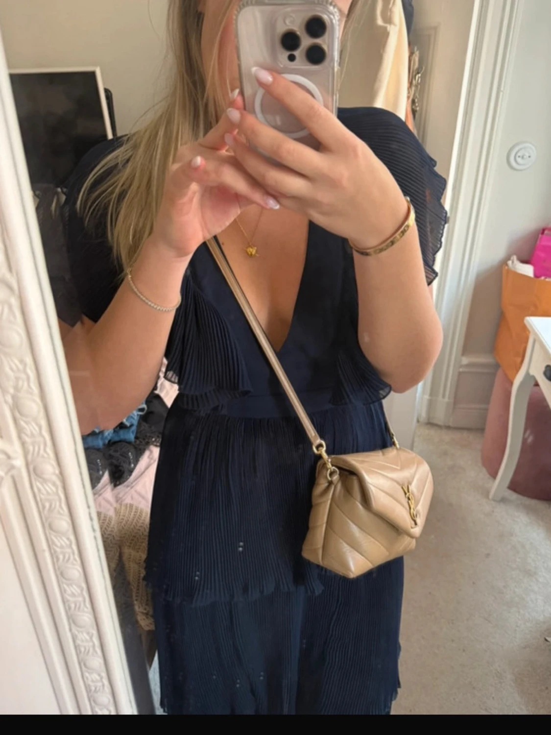 Mörkblå omlottklänning med volang - 5