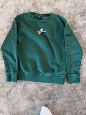 Grön sweatshirt från Tommy Hilfiger - Snygg grön sweatshirt från Tommy Hilfiger med broderad logga i vitt, rött och marinblått på bröstet. Tröjan har rund halsringning, långa ärmar och en praktisk ficka på ena ärmen. Perfekt för en avslappnad och trendig stil.