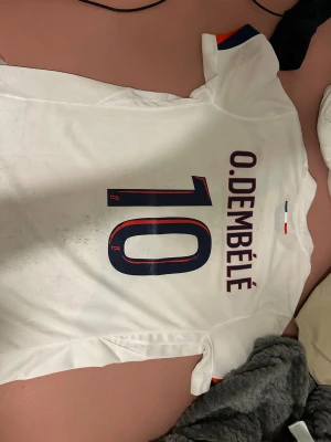 PSG Ousmane Dembélé matchtröja Nike S - Paris Saint-Germain fotbollströja med O. Dembélé och nummer 10 på ryggen. Vit bas med blå och röda penseldrag, PSG-emblem och Qatar Airways-tryck på bröstet. Tillverkad i lätt Dri-Fit-material, kortärmad och med klassisk rund hals. Pris kan såklart diskuteras🤩