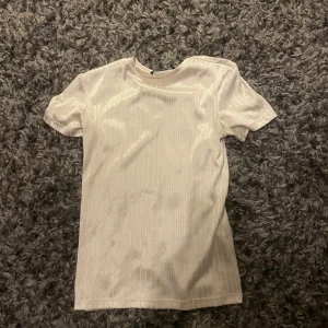 Vit ribbad t-shirt från Reserved - Snygg vit t-shirt från Reserved i storlek S. T-shirten har korta ärmar och är tillverkad i ett glansigt, ribbat material som ger en fräsch och modern look. Perfekt att styla med jeans eller kjol för en clean vibe.