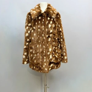 BAMBI JACKA  - Beautiful faux fur Bambi jacket by Jakke in a gorgeous brown with white spots. Nice big collar  4 furrier hooks to fasten. Patch pockets either side of the hips,  lined in a silky brown fabric.  A very cozy jacket to wear.  Size UK 10 /US 6 / EUR 38. measurements  Across shoulders 17” , Sleeve 26” , Army to armpit 19”, Across wait 17”, Across hips 18” , Length 30. ❤️