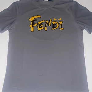 Grå Fendi t-shirt med tryck - Snygg grå t-shirt från Fendi med coolt gult och svart tryck på bröstet och ett par gula ögon i nacken. T-shirten har rund hals och korta ärmar, tillverkad i ett mjukt syntetmaterial som känns skönt mot huden. Perfekt för dig som gillar streetwear och vill sticka ut.