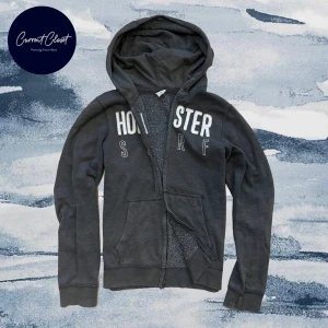 Mörkgrå hoodie från Hollister S/M - Mörkgrå hoodie från Hollister med vit broderad text 'Hollister Surf' på bröstet | Size S/M | Otroligt snygg | Längd: 68cm Axelbredd: 42cm