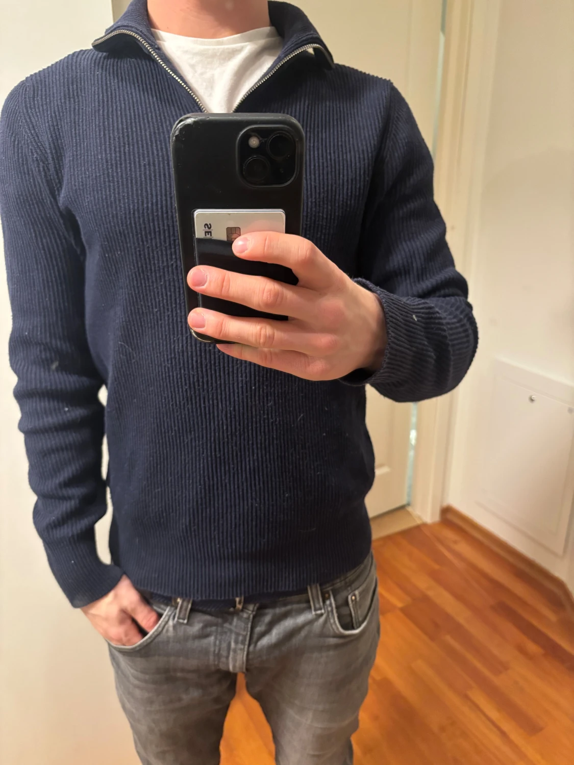 Marinblå ribbad half zip stickad tröja - 1