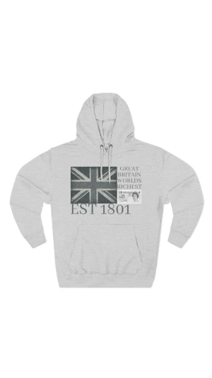 Grå hoodie med brittiskt tryck - Snygg ljusgrå hoodie med tryck av brittiska flaggan, texten 'Great Britain Worlds Richest' och 'EST 1801' på framsidan. Tröjan har huva med snörning och en stor magficka. Perfekt för dig som gillar streetwear och coola prints.