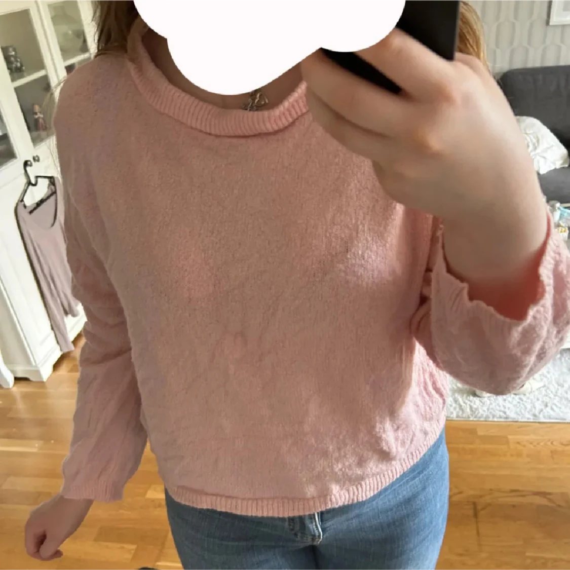 Ljusrosa stickad tröja med ribbad kant - 1