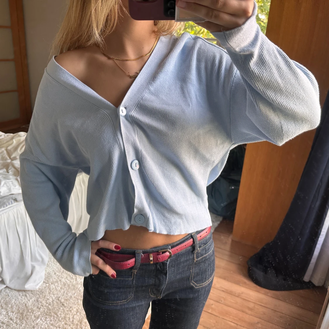 Ljusblå croppad kofta med knappar - 1