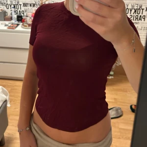 Vinröd tight topp från Zara♥️ - Säljer en vinröd topp från Zara i storlek S. T-shirten är tight och har korta ärmar☺️den blev lite mörk på bilderna men ni kan se på bild 3 hur färgen ser ut bättre 
