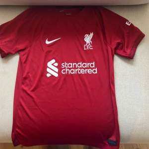 Liverpool FC Nike matchtröja röd - Liverpool FCs officiella matchtröja i röd färg med vita detaljer. Tröjan har klubbmärke, Nike-logga och sponsortryck på bröstet samt Expedia-logga på ärmen. Tillverkad i lätt och ventilerande polyester, perfekt för fotboll eller supporterliv.