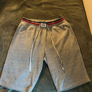 Grå shorts från Polo Ralph Lauren - Säljer ett par grå shorts från Polo Ralph Lauren med klassisk logga broderad på benet. De har snörning i midjan och en sportig röd och marinblå rand upptill. Mjukt material som känns skönt mot huden, perfekta för chill dagar och träning. Pris kan diskuteras😊